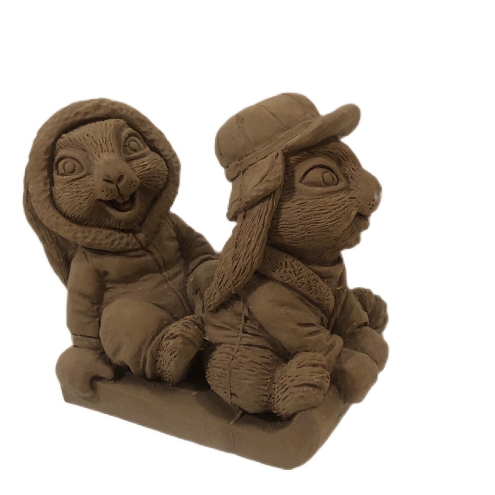 Rabbits Bunnys Riding on Sled 3 Inch Brown Resin Figurine Farmhouse Cottage Core